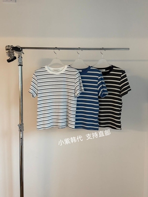 包邮韩国东大门 RIVER RAIN 代购26春新款女装条纹圆领短袖T恤女