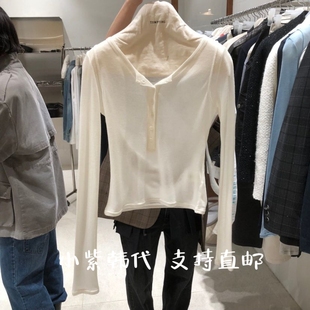 TEMPTING韩国东大门代购 2026春女装新款系扣V领显瘦长袖T恤女