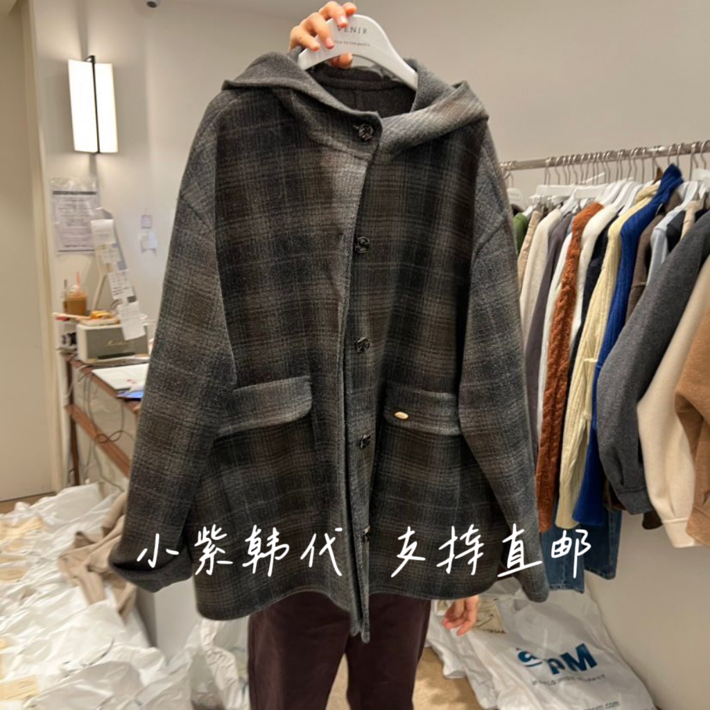 韩国VENIRa格子连帽毛呢大衣