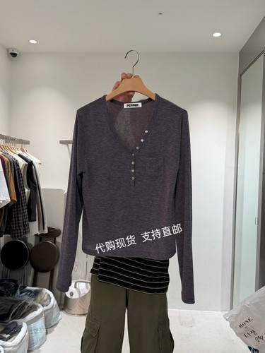PEPPER-L韩国正品东大门 26秋新款女装时尚百搭V领瘦身长袖T恤女