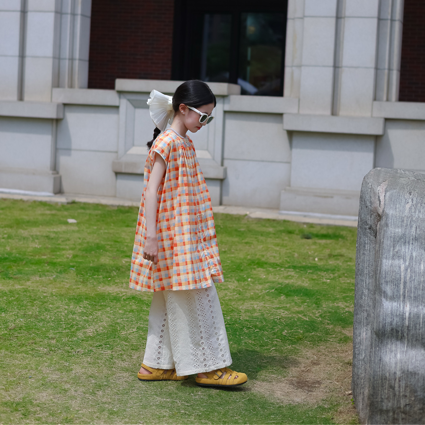 美式格子风女童套装夏季新款洋气无袖背心花苞裤两件套