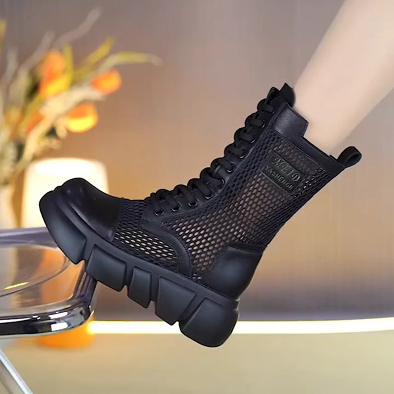 真皮网纱马丁靴女英伦风2025马丁靴