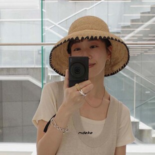 mdeke新月 春夏新款手工钩针细拉菲草圆顶弯檐渔夫盆帽子女法式