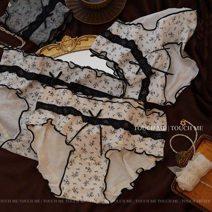 touchme法式复古碎花木耳边裸感棉内裤女透气纯棉抑菌裆中低腰3条