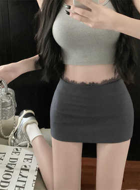 灰色蕾丝拼接半身裙女新款百搭修身显瘦包臀a字裙西装短裙子黑