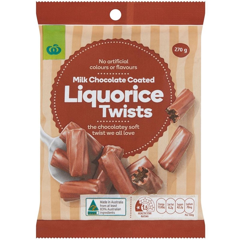 澳洲woolworths milk choc liquorice twist牛奶巧克力糖果270g