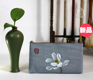汉伊人 新款 中国风原创手绘荷花复古手拿包零钱袋手机包笔袋帆布
