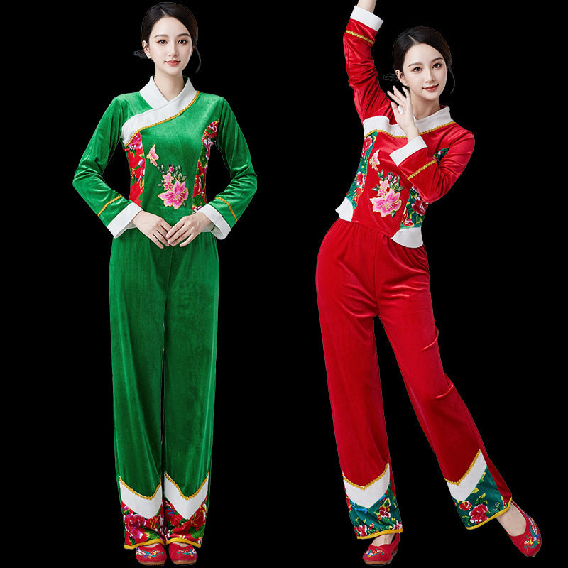 秧歌服演出服女2024新款喜庆民族风舞蹈服装冬季金丝绒广场舞套装