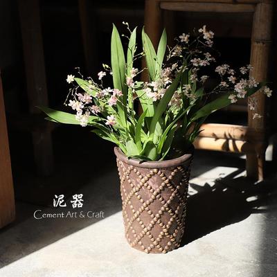 泥器复古浮雕珠点文心兰多肉水泥花盆透气蝴蝶兰高圆花盆插花瓶