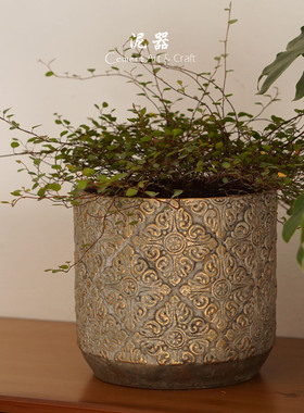 泥器北欧复古浮雕怀旧圆形水泥大号花盆插花月季绿植摆件阳台客厅