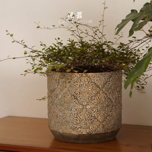 水泥复古浮雕透气花盆