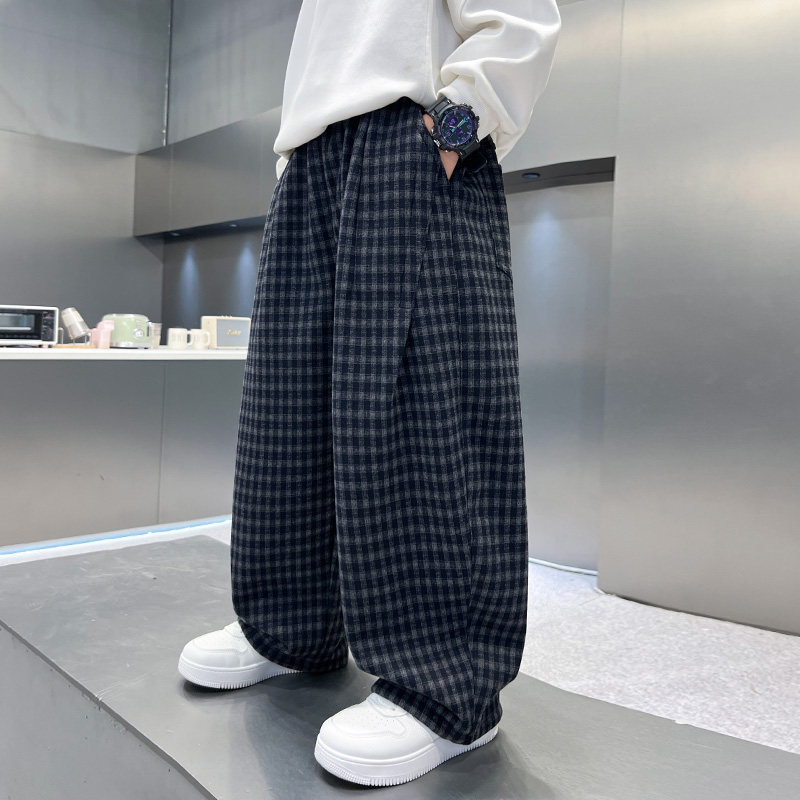 男童春秋款裤子2026新款中大童春装男孩休闲直筒阔腿儿童格子长裤