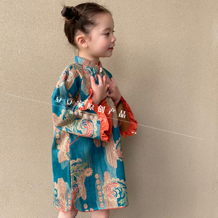 豆豆原创汉服女童秋装2025新大喇叭袖宝宝旗袍儿童民国风特色古装