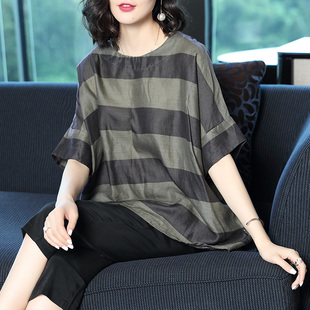 t恤女大版 大码 2024夏季 洋气半袖 体恤上衣潮 欧货新款 条纹宽松短袖