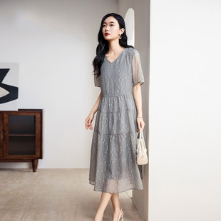优雅裙子夏季 精致设计甜美高级感收腰显瘦法式 灰色连衣裙女装 新款