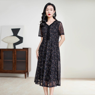 高级气质大码 新款 长裙轻奢气质花边裙子 连衣裙女夏季 短袖