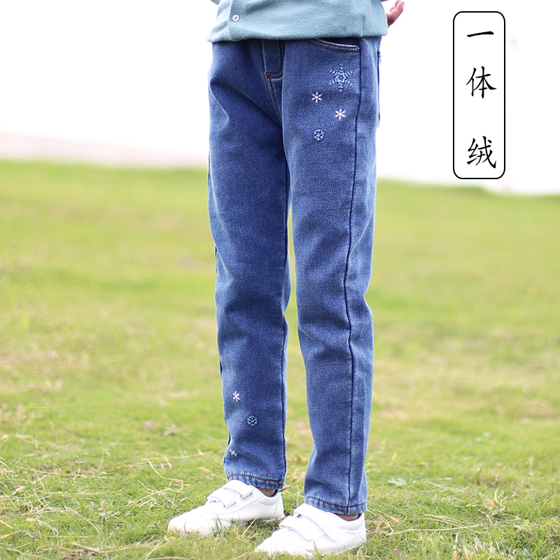女童加绒裤子秋冬款一体绒牛仔裤