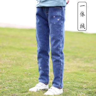 春秋加厚外穿冬季 女童加绒裤 一体绒长裤 儿童牛仔裤 弹力 子秋冬新款