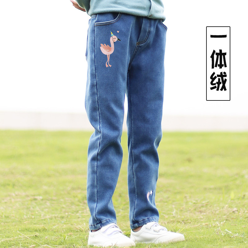 女童加绒裤子一体绒加厚牛仔裤