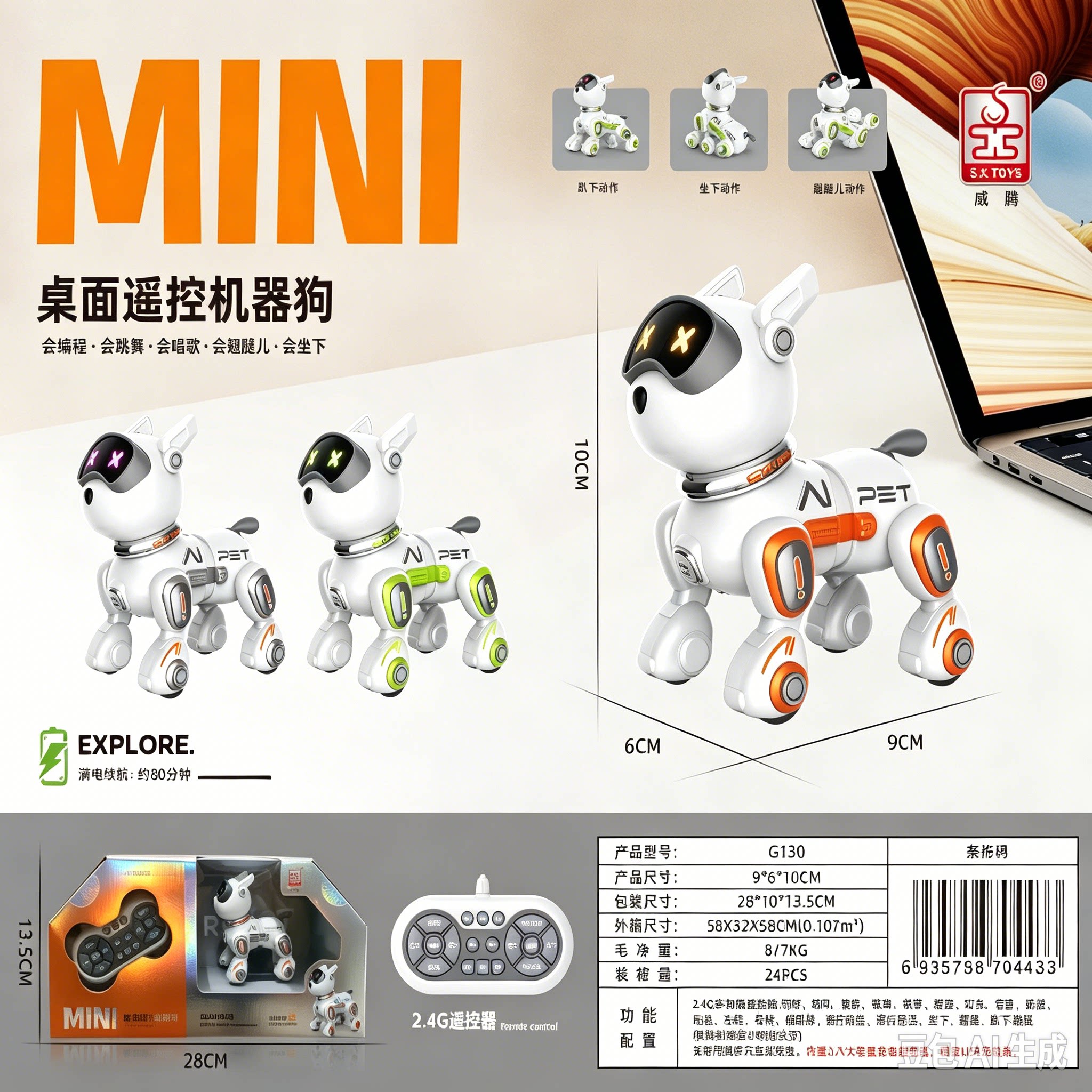威腾MINI桌面遥控机器狗儿童可编程智能机器人会跳舞唱歌男孩玩具