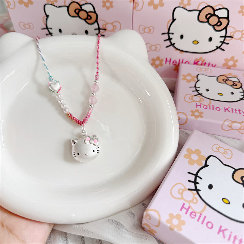 足银999猫头纯银hellokitty手工编绳凯蒂猫银吊坠项链送女友礼物