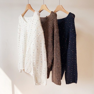 秋冬V领慵懒感亮片套头毛衣节日氛围设计感白色圣诞羊毛针织衫