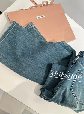 外贸单复古水洗蓝牛仔裤高腰显瘦白色窄版直筒裤High-Rise Jeans