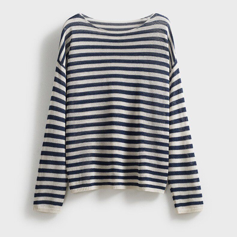 纪浮云～进口和纸纱宽松一字领条纹长袖针织上衣微透防晒显瘦罩衫