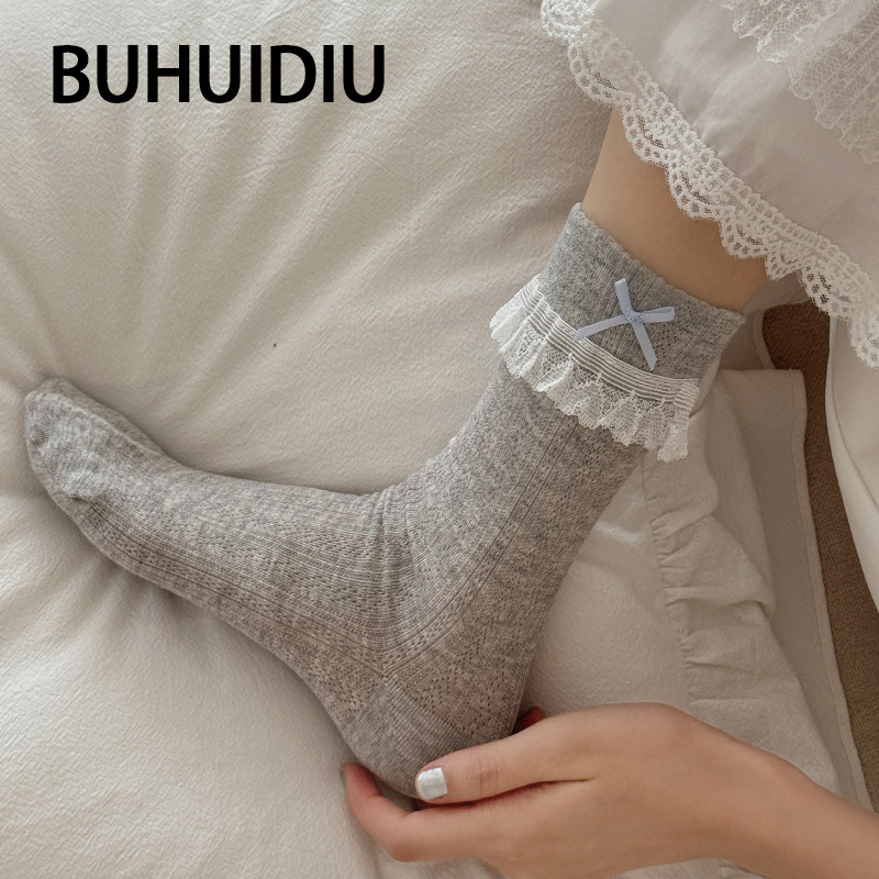 不会丢的袜子 蕾丝花边中筒袜女夏薄款芭蕾风蝴蝶结夏天透气长袜