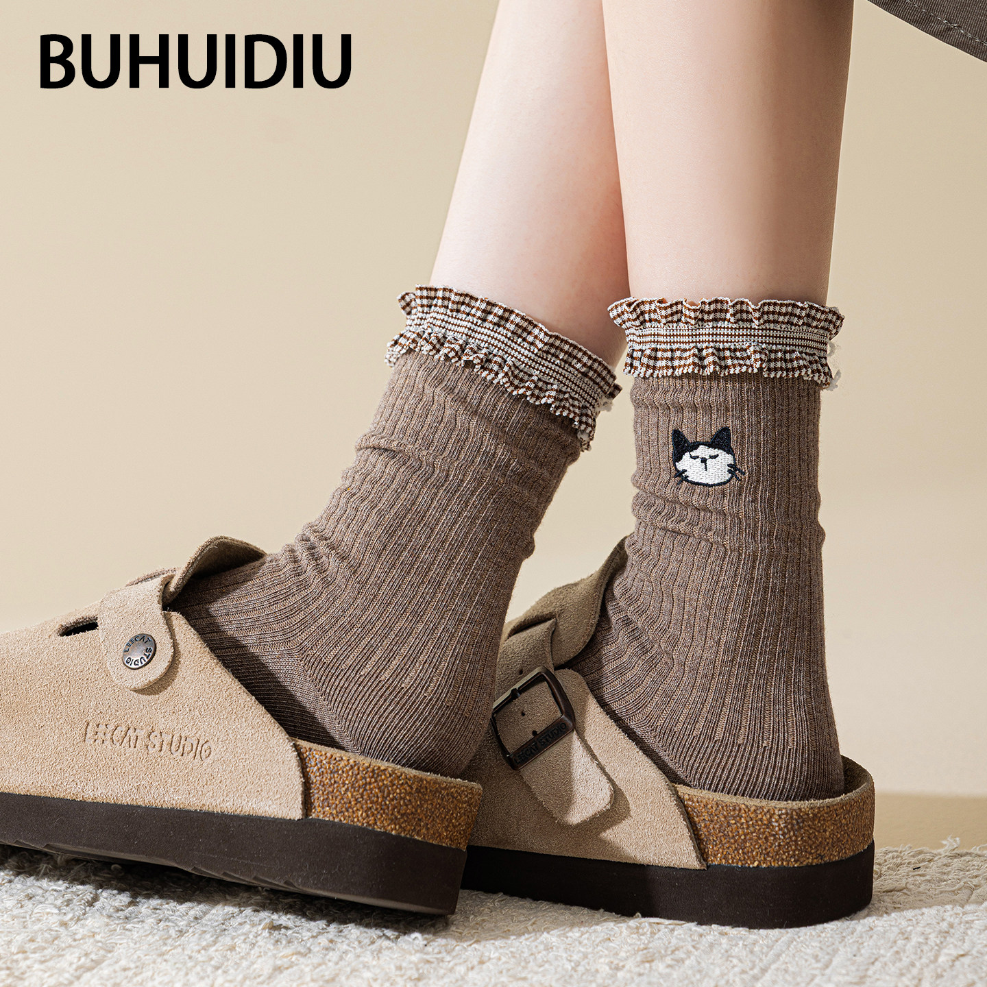 不会丢的袜子 花边显瘦堆堆袜女款卡通小猫洛丽塔可爱双针中筒袜