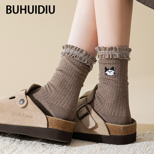 不会丢的袜子 花边显瘦堆堆袜女款卡通小猫洛丽塔可爱双针中筒袜