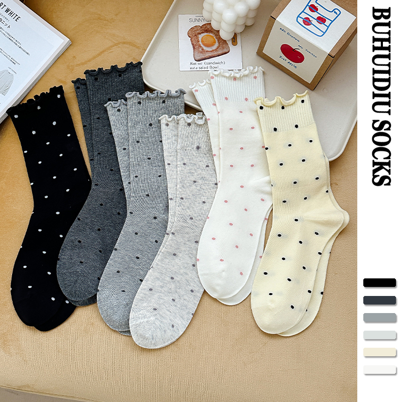 花边波点堆堆袜女棉百搭配小皮鞋