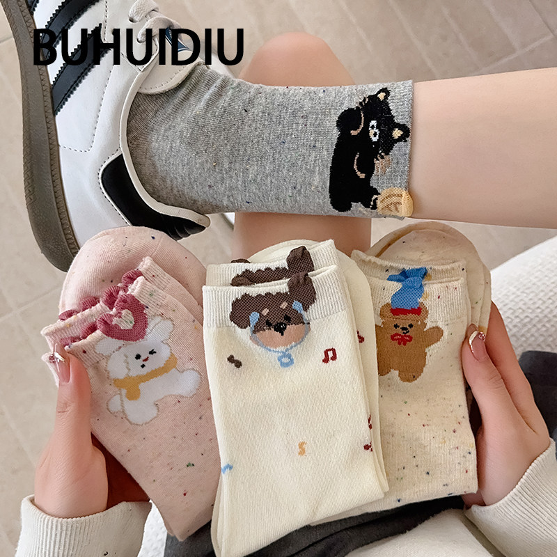 不会丢的袜子 小熊卡通可爱中筒袜女夏薄款纯棉韩系无骨长袜夏天