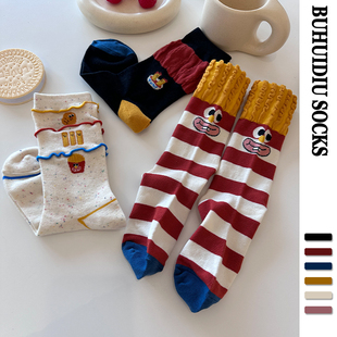 不会丢的袜子 搞怪薯条中筒袜女春秋款韩版网红可爱卡通棉袜夏季