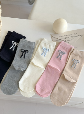 不会丢的袜子 后跟蝴蝶结中筒袜女ins潮冬季灰色芭蕾风春秋长袜