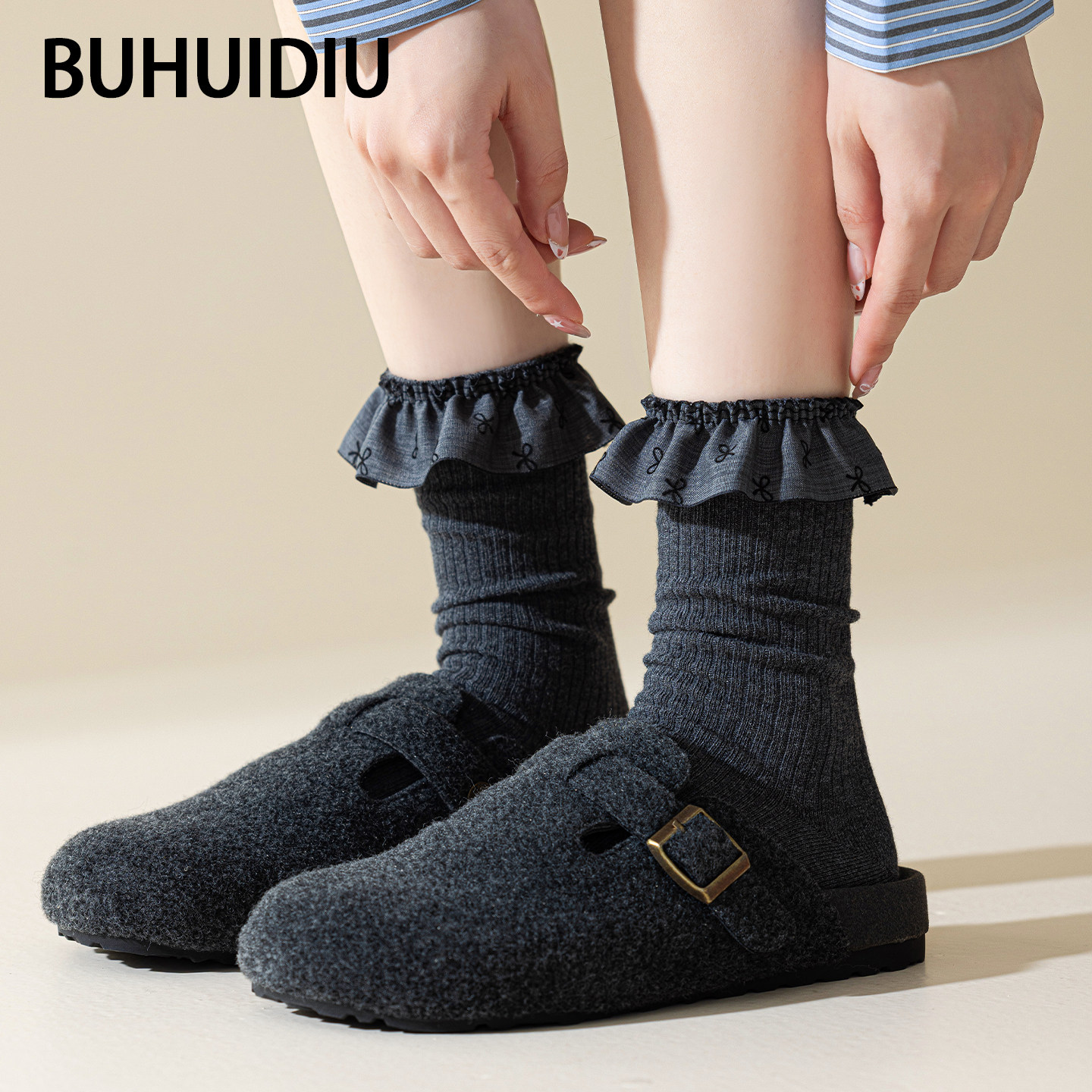 不会丢的袜子 大花边中筒袜女款夏季双针棉袜甜美公主风春秋长袜