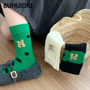 不会丢 绿色鸳鸯袜女中筒袜植绒卡通可爱小狗透气无骨棉袜 袜子