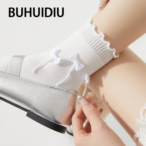 白色蝴蝶结袜子女纯棉花边中筒袜
