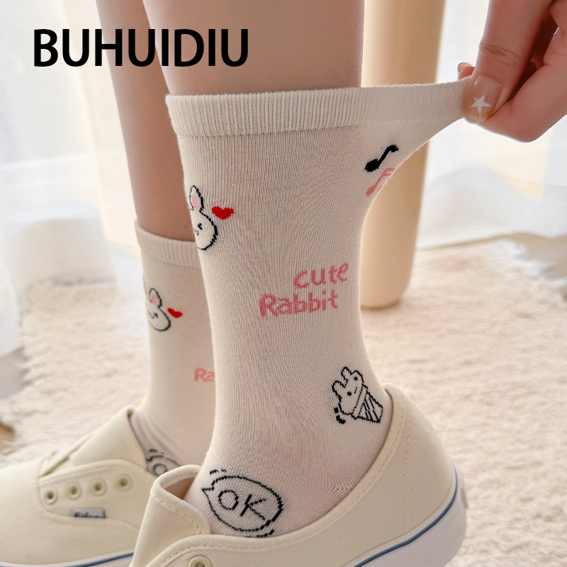 不会丢的袜子 奶白色中筒袜女春秋纯棉ins潮可爱卡通夏季薄款长袜