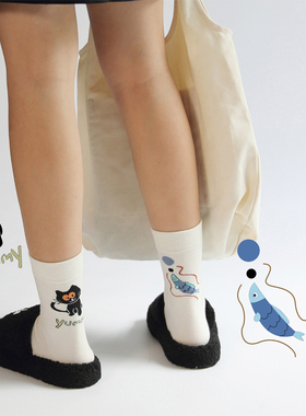 不会丢的袜子 趣味卡通AB袜女ins个性创意设计左右不对称中筒袜棉