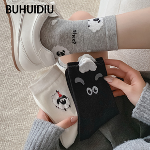 不会丢的袜子 卡通小羊中筒袜女款春秋季纯棉ins潮可爱设计感长袜