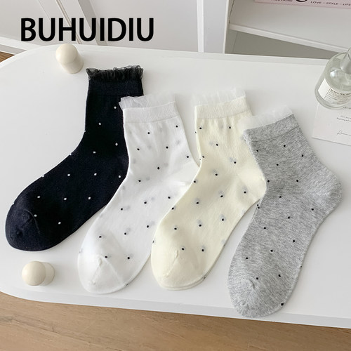 miu风蕾丝袜子女款花边波点中筒