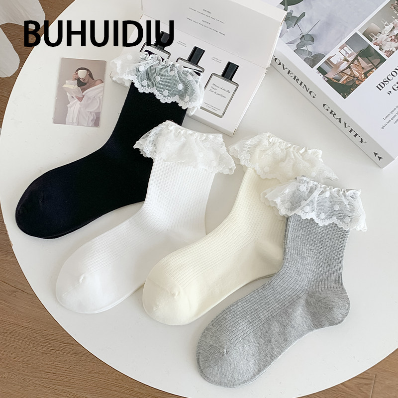 不会丢的袜子 蕾丝花边中筒袜女纯棉春夏季薄款洛丽塔芭蕾风短袜