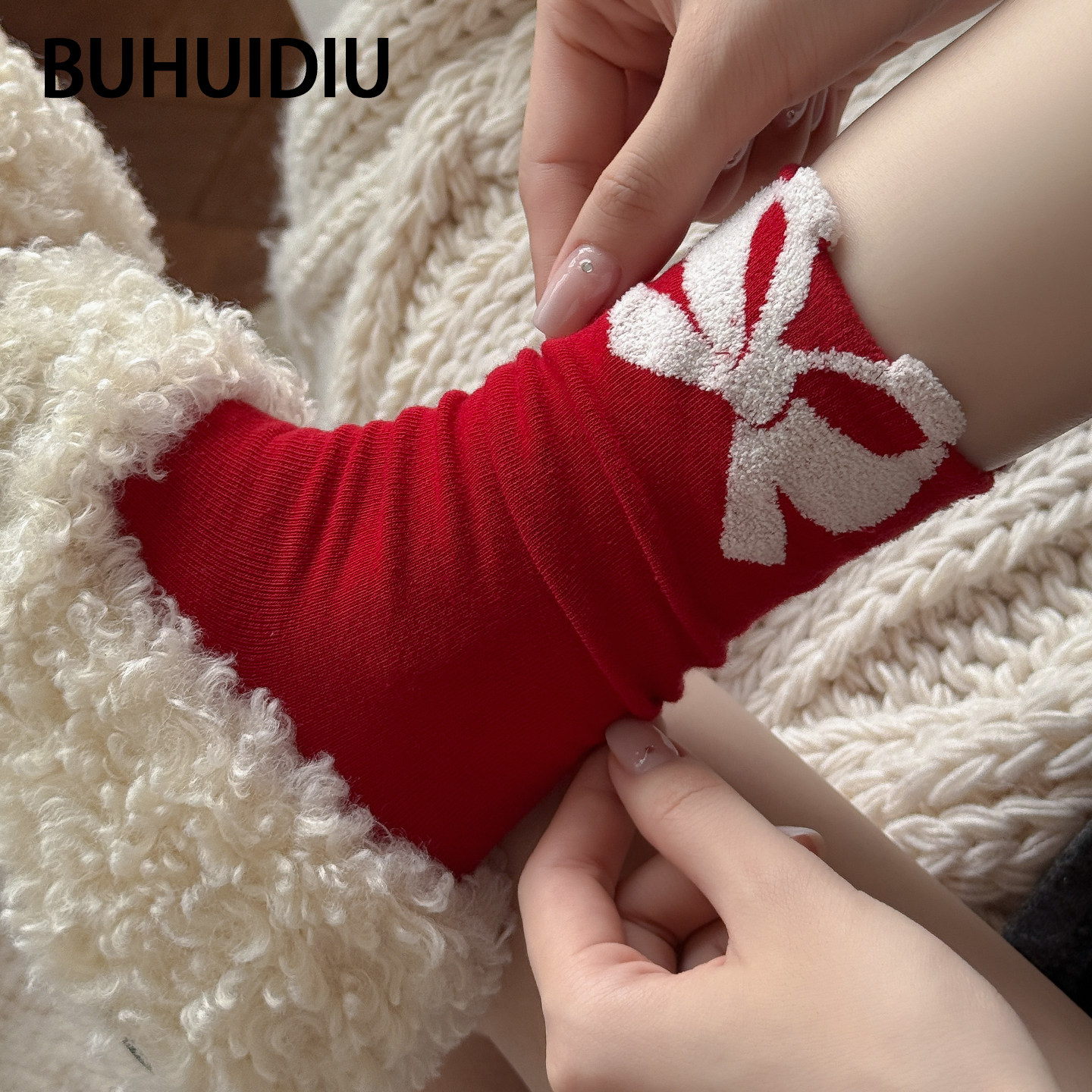 不会丢的袜子 立体卡通红色中筒袜女款秋冬新年属马喜庆可爱棉袜
