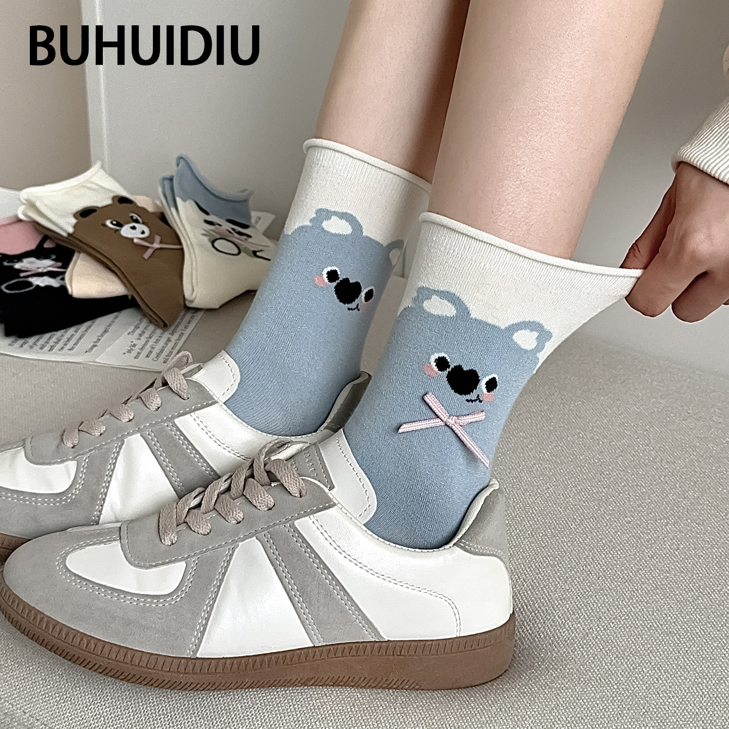 不会丢的袜子 卷边蝴蝶结中筒袜女款春秋卡通可爱少女学院风棉袜