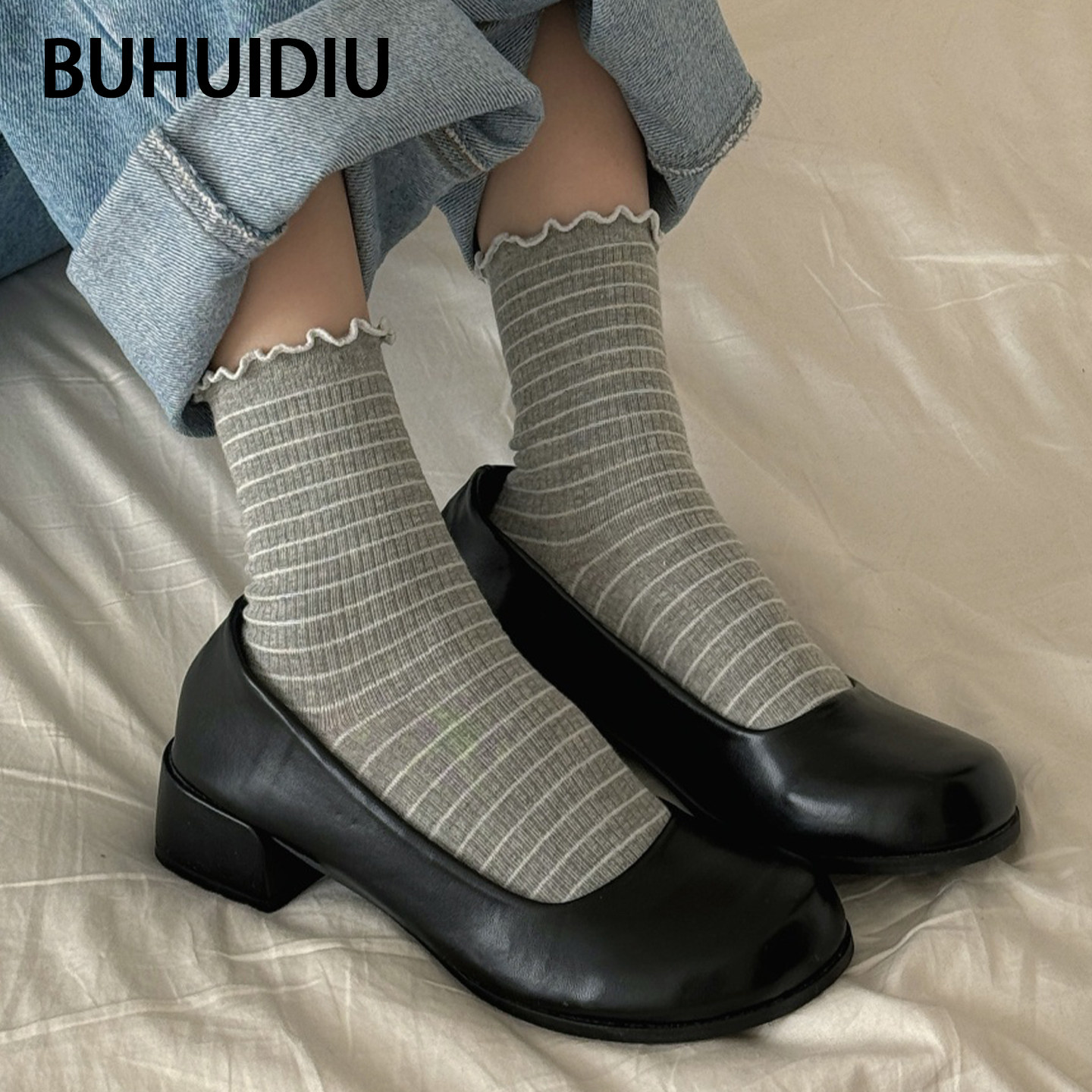 袜子女木耳边条纹中筒袜春秋棉袜