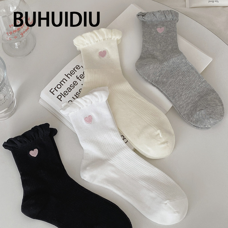 不会丢的袜子 刺绣爱心中筒袜女春夏薄款洛丽塔可爱花边短款棉袜