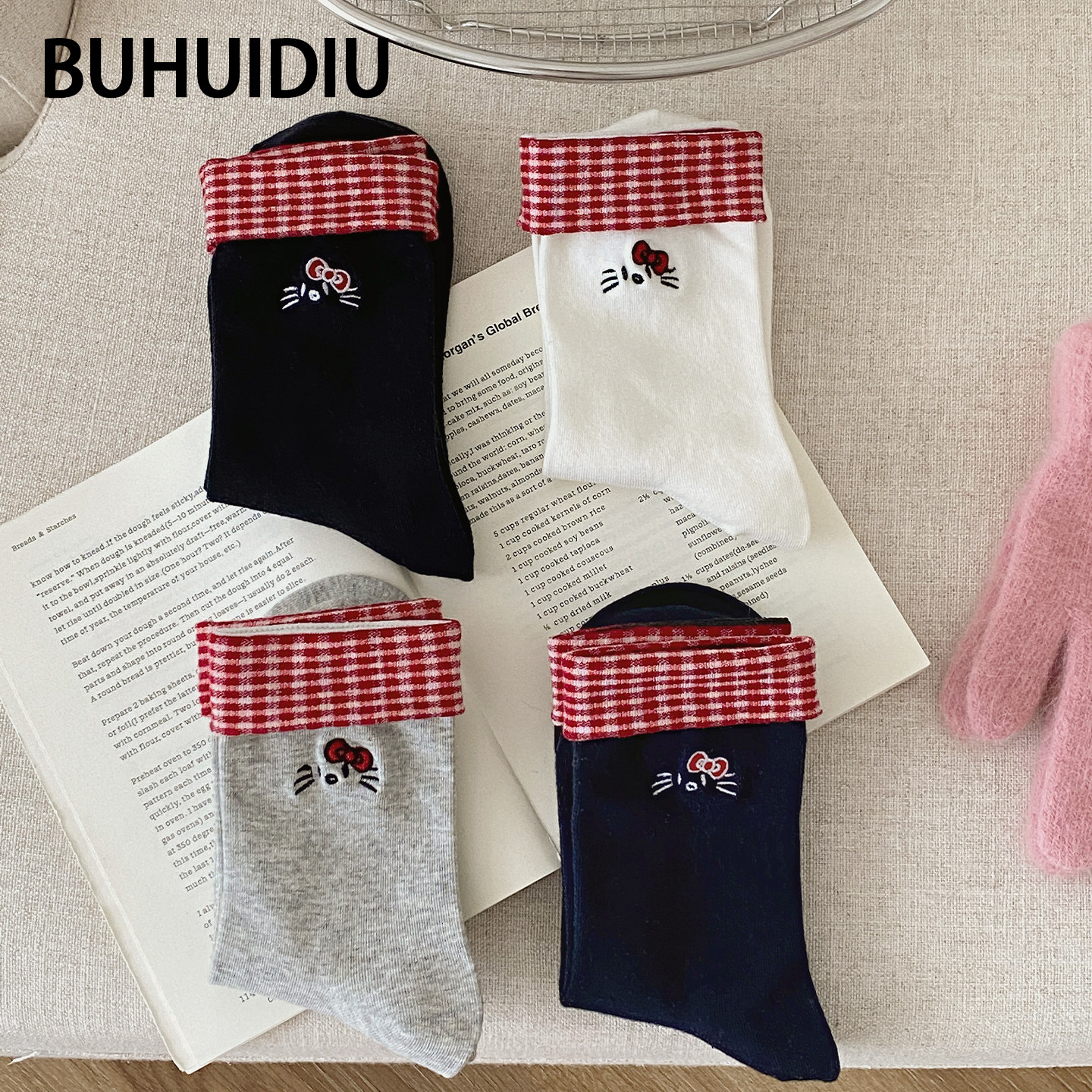 不会丢的袜子 红格子小猫中筒袜女ins潮日系刺绣卡通可爱外穿长袜
