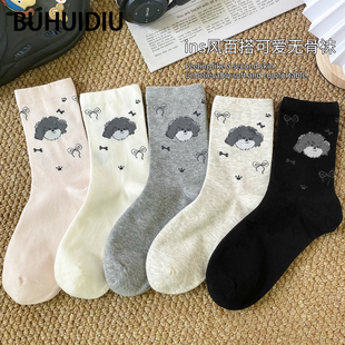 不会丢的袜子 可爱卡通中筒袜女款棉袜小狗春秋季女生外穿长筒袜
