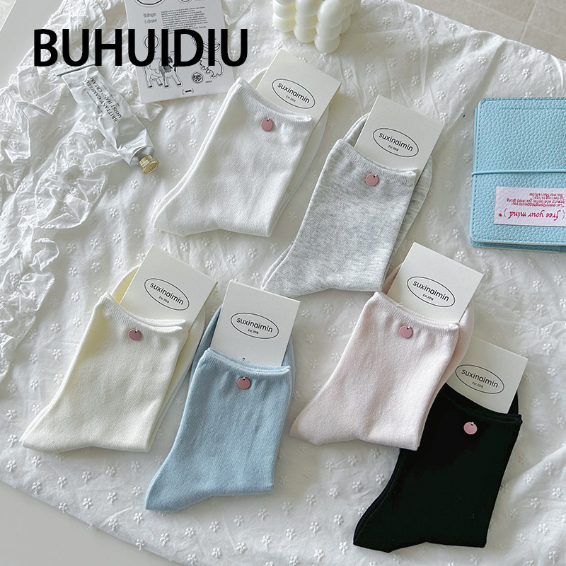 不会丢的袜子 贝壳纽扣中筒袜女春夏季薄款简约少女韩系百搭长袜